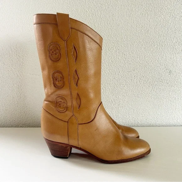 Vintage Gucci Cowboy Western Boots Interlocking GG Logo Tan Beige Size US 6.5 - Picture 4 of 13